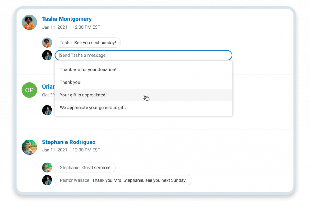 Givelify’s Donor Engagement Tools: New quick-reply options.