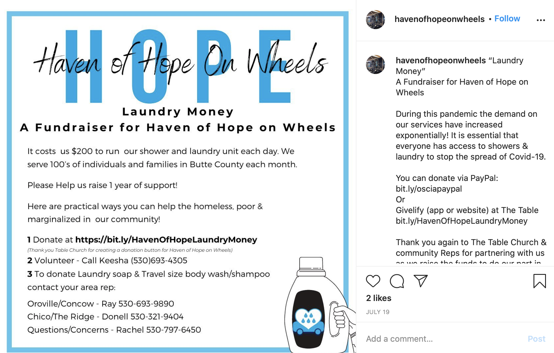 Haven of Hope on Wheels instagram post describing online giving fundraiser with Givelify.