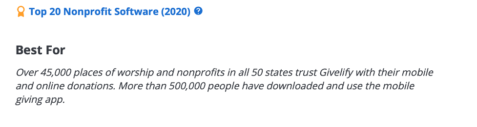 Top 20 Nonprofit Software award for Givelify. Reads "Over 45,000 places of worship and nonprofits in all 50 states trust Givelify with their mobile and online donations. More than 500,000 people have donated and use the mobile giving app."