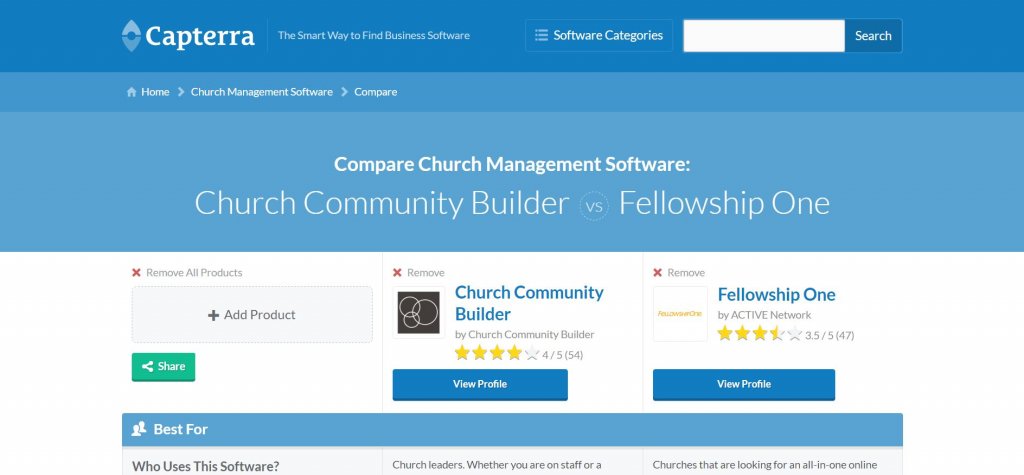 Church Community Builder vs. Fellowship One (image courtesy Capterra)