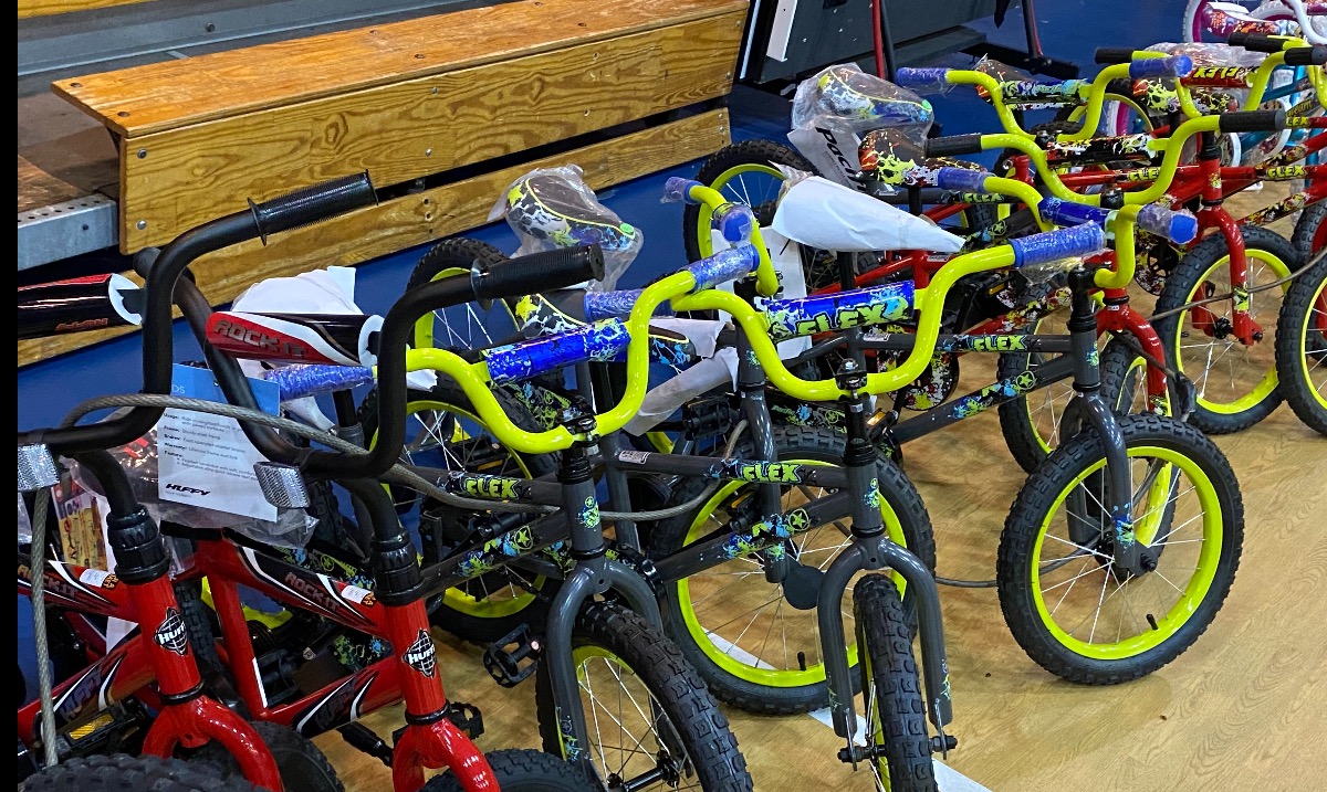 More than a dozen bikes lined up for angel tree distribution