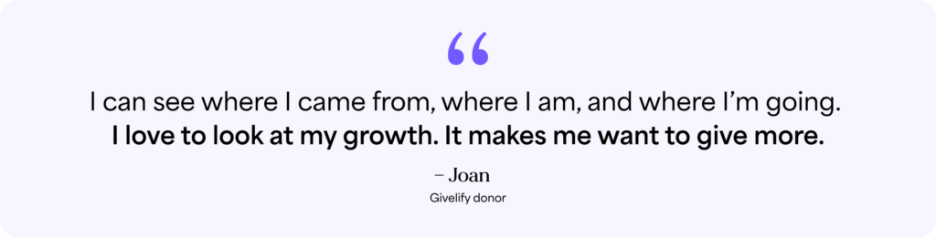 quote from donor about how Givelify's giving app makes her want to give more after seeing her growth