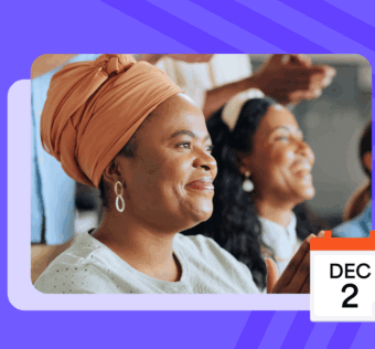 Women smiling and looking toward something with a calendar illustration showing Dec 2