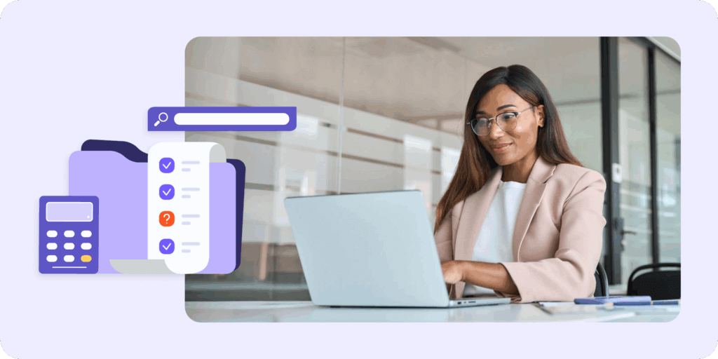 A woman sitting at a desk looking at a laptop with an illustration of a calculator, file folder, and list overlayed over the image