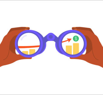 hands holding a pair of binoculars looking at a chart that represents positive economic trends and 2025 church giving trends