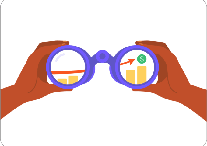 hands holding a pair of binoculars looking at a chart that represents positive economic trends and 2025 church giving trends