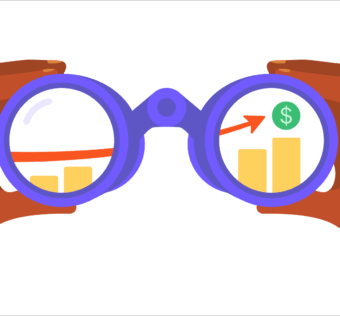 hands holding a pair of binoculars looking at a chart that represents positive economic trends and 2025 church giving trends