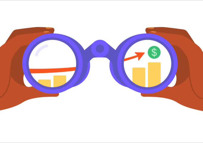hands holding a pair of binoculars looking at a chart that represents positive economic trends and 2025 church giving trends