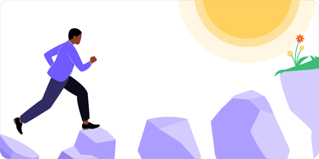 a man jumping from rock to rock toward a sun and flower representing removing obstacles to end-of-year church giving