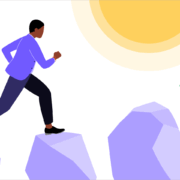 a man jumping from rock to rock toward a sun and flower representing removing obstacles to end-of-year church giving