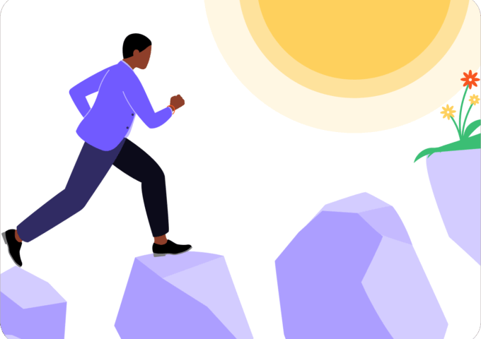 a man jumping from rock to rock toward a sun and flower representing removing obstacles to end-of-year church giving