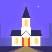 A church shining bright with its lights on on a dark night