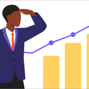 Man in a suit with a hand shading his eyes as he looks toward a chart with rising bars and data points representing 2026 church giving trends