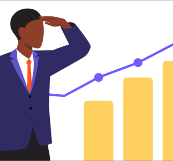 Man in a suit with a hand shading his eyes as he looks toward a chart with rising bars and data points representing 2026 church giving trends