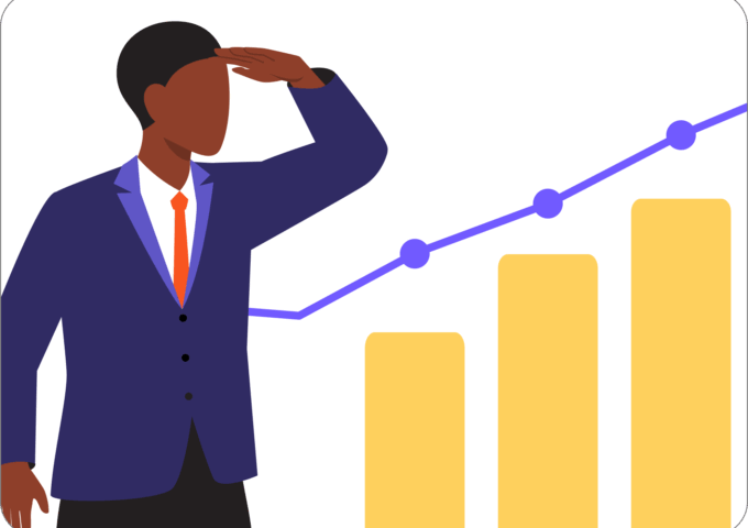 Man in a suit with a hand shading his eyes as he looks toward a chart with rising bars and data points representing 2026 church giving trends