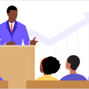 an illustration of a pastor speaking to his congregation from the pulpit with an arrow trending upward behind him