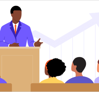 an illustration of a pastor speaking to his congregation from the pulpit with an arrow trending upward behind him