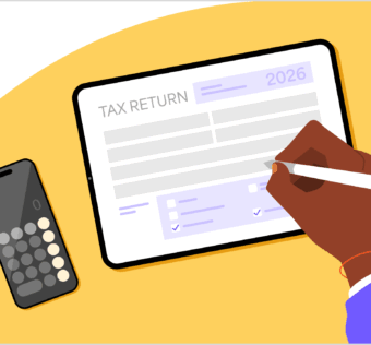 An illustration of a person filling out their 2026 tax return on a tablet with a calculator next to them