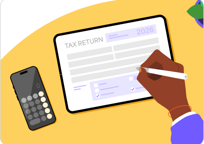 An illustration of a person filling out their 2026 tax return on a tablet with a calculator next to them