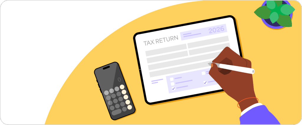 An illustration of a person filling out their 2026 tax return on a tablet with a calculator next to them