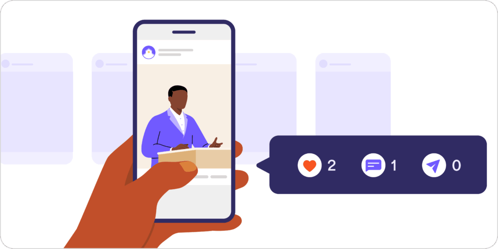 a person holding a phone that shows a church social media post with low engagement