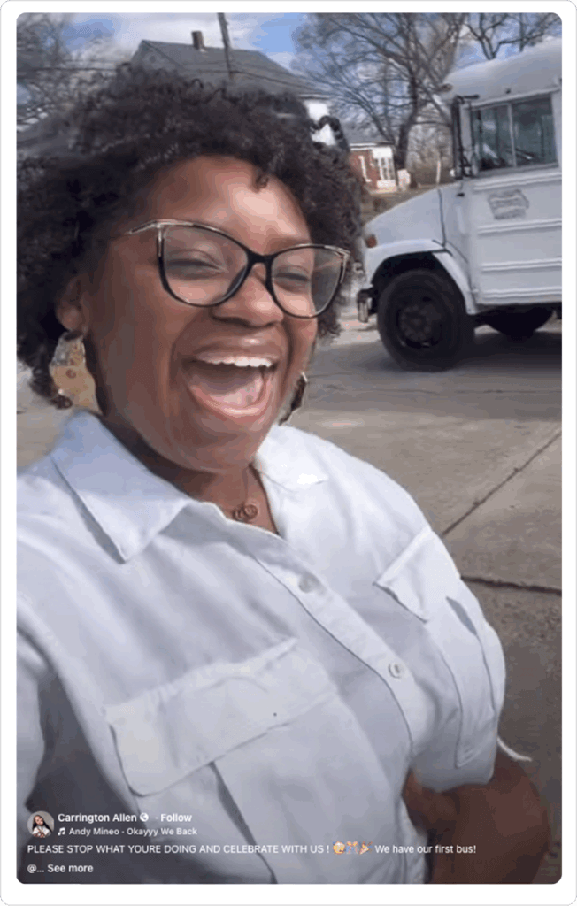A church social media post showing a happy woman outside with a white bus behind her