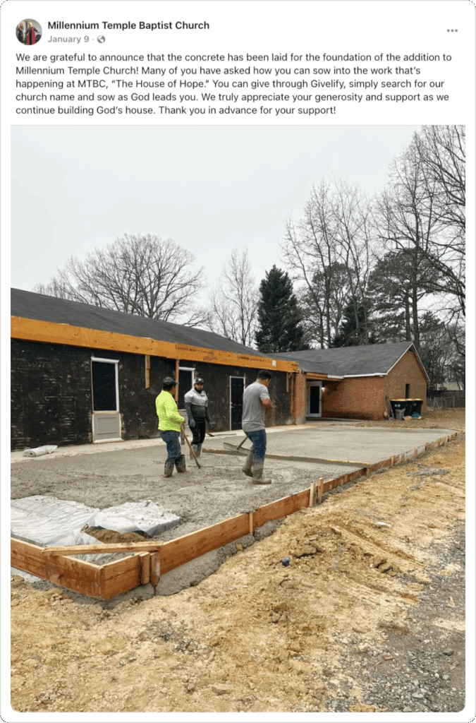 A church social media post showing construction workers laying the foundation for a new building addition
