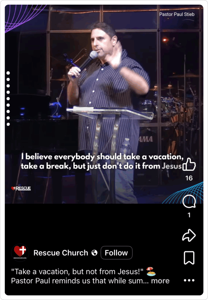 A church social media post showing a pastor preaching to his congregation