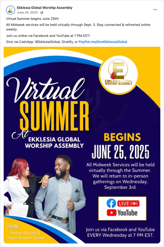A church social media post announcing a virtual summer where all midweek services will be online through September 